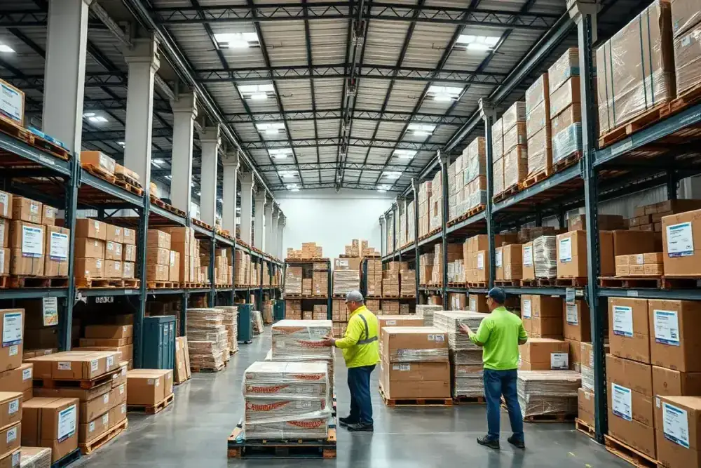 Cargo consolidation warehouse in Guangzhou China with workers organizing shipments